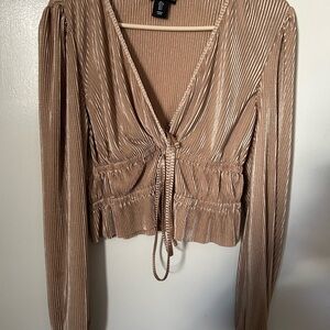 Sincerely Jules Metallic Taupe Pleated V-Neck Tie-Front Long Sleeve Top